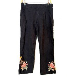Johnny Was JW Los Angeles Paola Black Linen Floral Embroidered Cropped Pants Siz